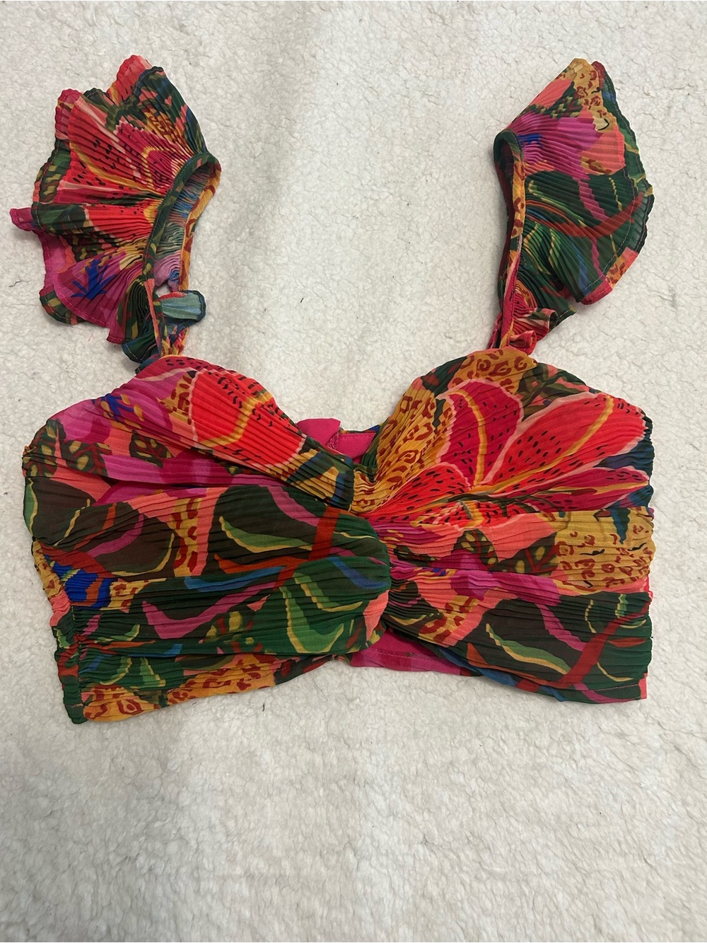 SHEIN Pink Green Multicolor Floral Ruched Crop Top